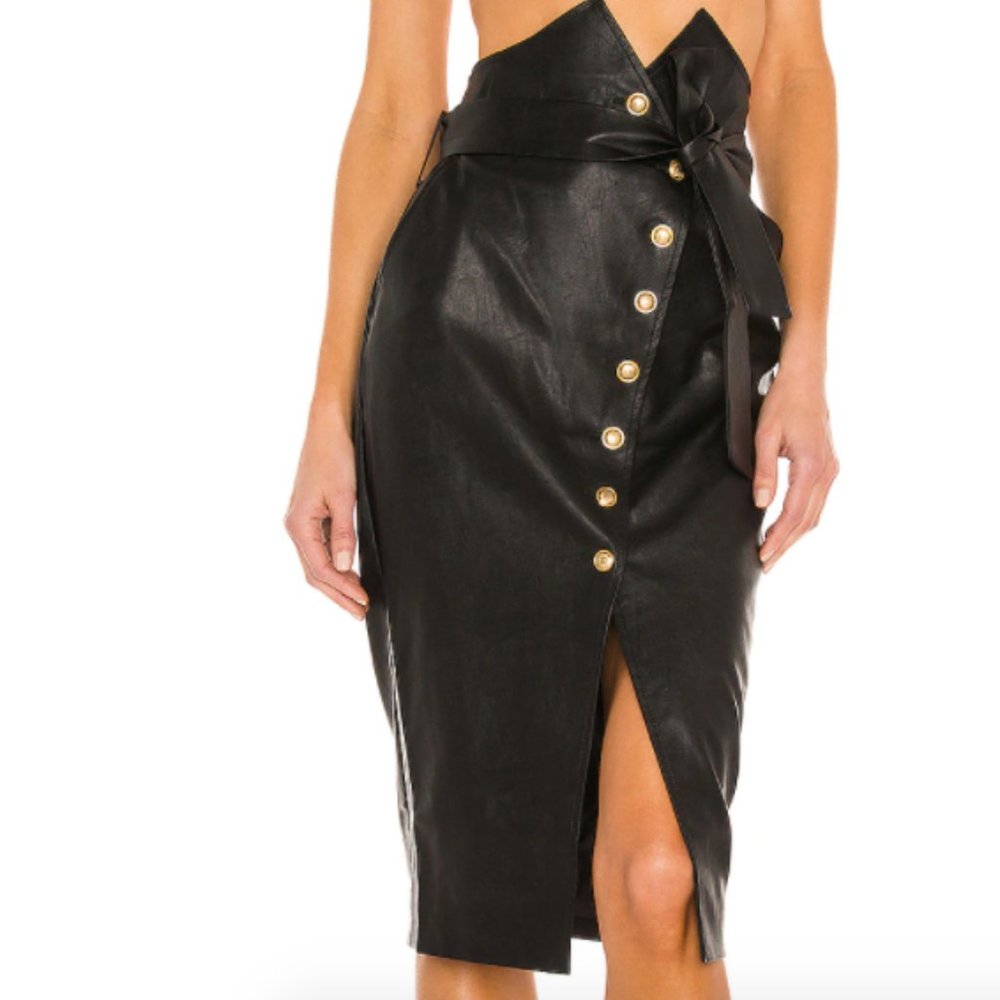 NTW Revolve Bardot Black Tie Waist Skirt in Faux Leather